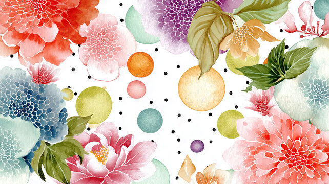 和柄の花とドット模様を散りばめた上品で華やかなグリーティング向けイラスト、和風、植物、花柄、背景、フレーム、ボタニカル、文様、模様、抽象、装飾、テクスチャ、かわいい、おしゃれ、ポップ、やさしい、祝賀、年賀状、挨拶状、招待状、案内状、メッセージカード、和モダン、余白、コピースペース、広告、販促、壁紙、テンプレート、素材、和装飾、上質、カード素材、洗練、洗練された印象、晴れやかな印象、季節の便りに最適