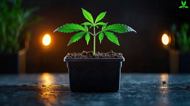 Young Cannabis Plant in Pot with Warm Backlighting