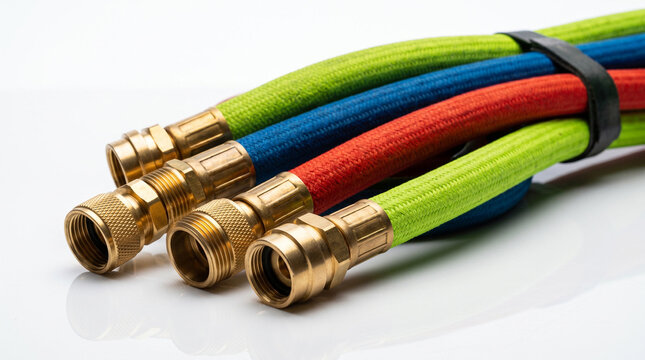 Close-up of colored braided nylon high pressure hoses with brass fittings.