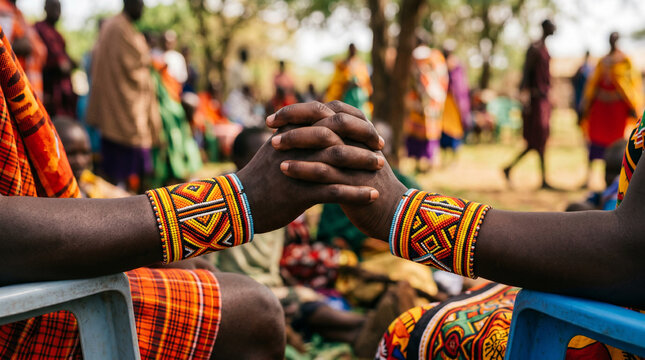 Close up of Maasai people holding hands wearing traditional beaded bracelets.