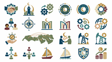 Fototapeta premium Comprehensive icon set for Islamic business, global industry, and energy production.