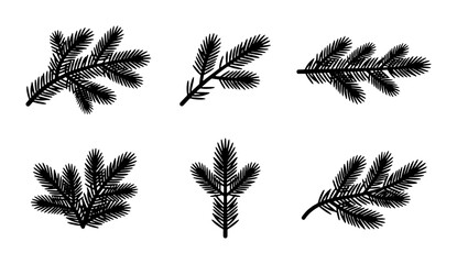 Black Pine Branches Vector Set, Evergreen Sprigs Collection, Winter Holiday Elements © Sujon