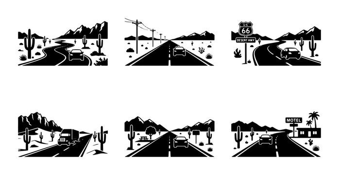 Desert Road Trip Vector Icons: Scenic Routes, Cars, Mountains, Cacti, Route 66