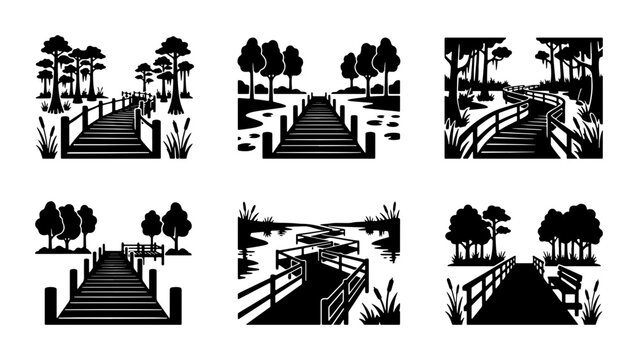 Wooden Boardwalk Vector Set, Nature Path Scenes, Lakeside Pier Illustrations, Forest Walkway Graphics