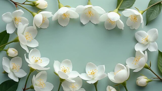 Beautiful Jasmine Flowers Border on Light Blue Background.