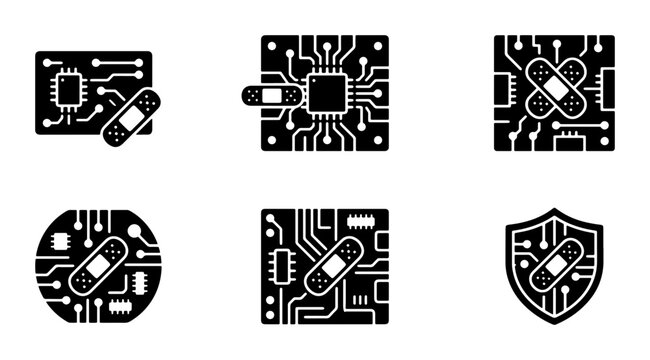 Cybersecurity Icons: Circuit Board Patch, Shield Security, Data Repair, Tech Fix