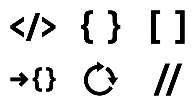 Coding Symbols Set: Brackets, Arrows, Refresh, Slash Icons. Programming & Web Development Elements.