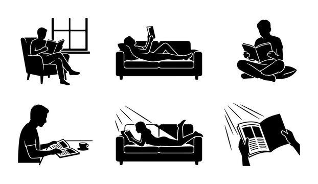 Silhouette Reading Icons, People Relaxing with Books, Cozy Home Leisure Activities, Vector Set