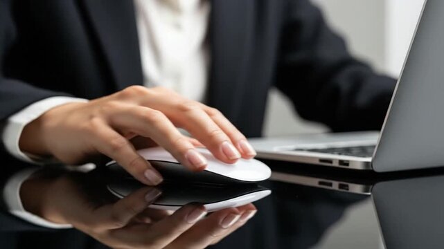 Professional woman using computer mouse at office desk with laptop