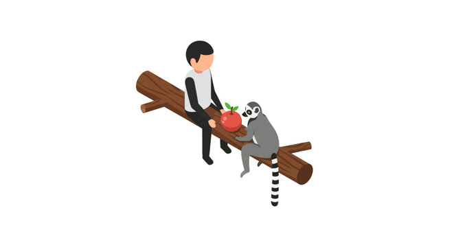 Whimsical man sitting with lemur on floating log.