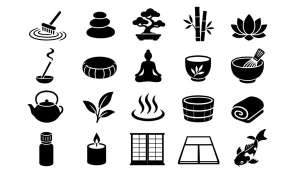 Japanese spa and tea ceremony black icon set
