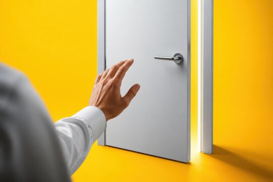 Hand opening a white door on a bright yellow background with copy space for concept design