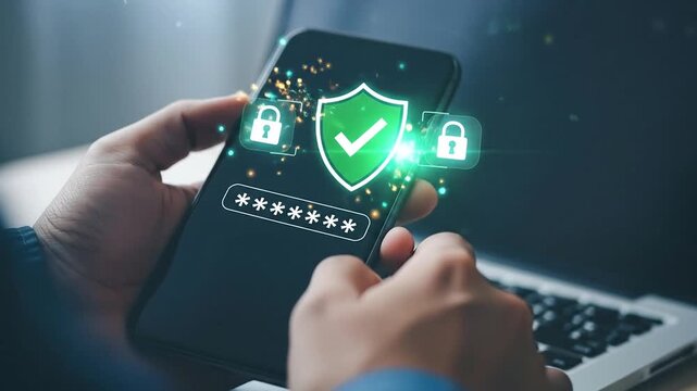 Smartphone cybersecurity with holographic shield and password protection for mobile data privacy and secure digital access.