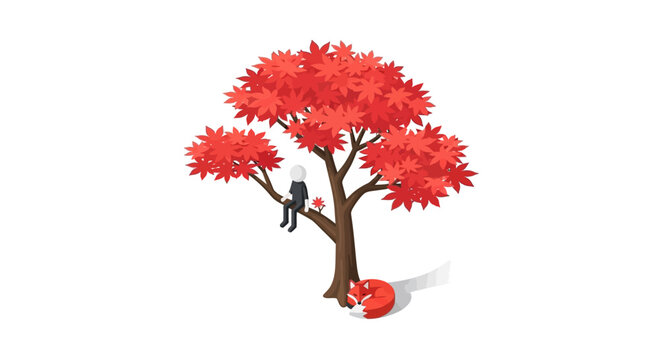 Whimsical red tree with person reading in branches.