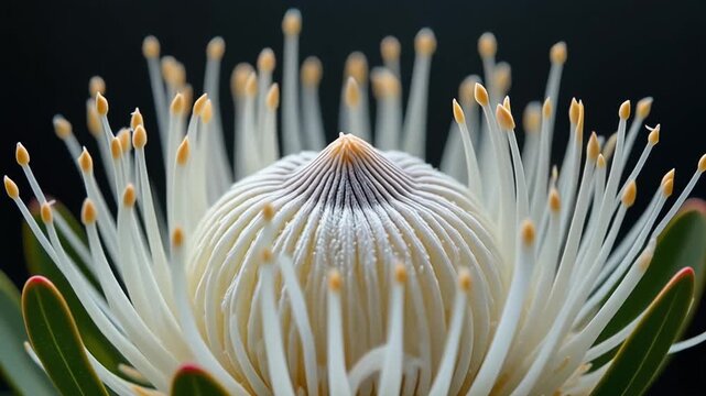 Closeup of a beautiful white protea flower with a dark background.
