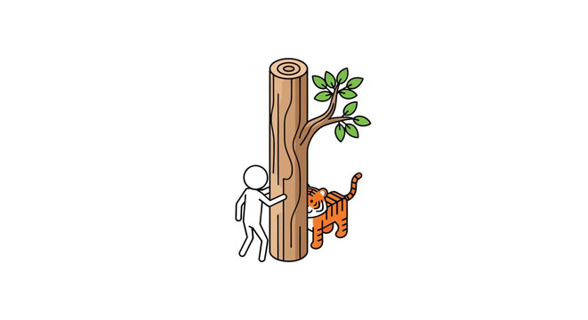 Playful cartoon tiger stuck in a tree trunk scene.