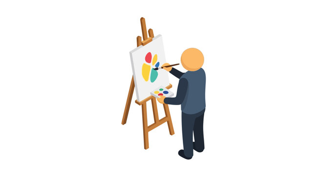 Cartoon character painting colorful artwork on canvas easel.