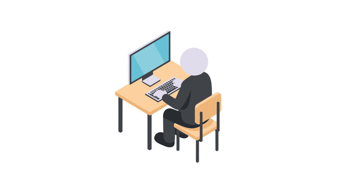Isometric illustration of person working at computer desk.
