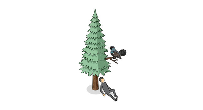 Playful cartoon raccoons climbing tall pine tree.
