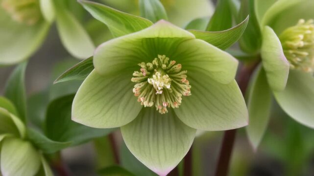 Closeup of a blooming green hellebore flower.