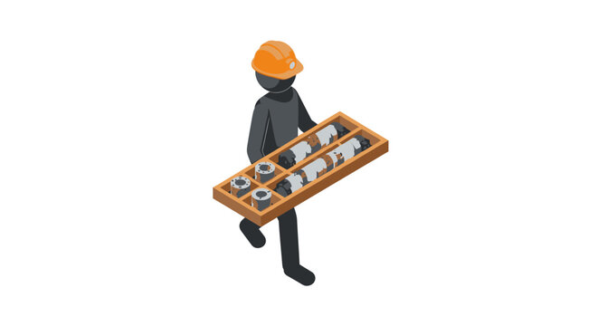 Cartoon worker carrying tray of colorful paint cans.