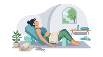 Fototapeta premium Vector illustration of a woman practicing restorative yoga and meditating with props in a cozy studio. EPS Editable
