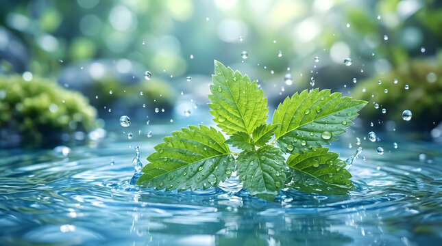 green leaves floating on water with droplets