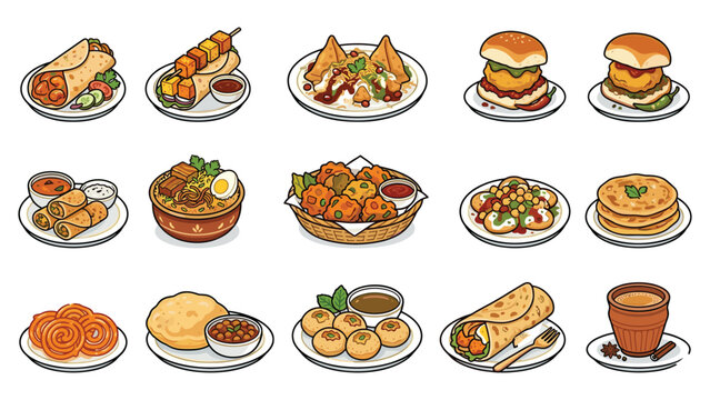 Traditional indian food icons set. samosa, dosa, biryani, pakora, chole bhature, jalebi.