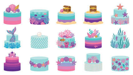 Mermaid and ocean themed cakes with seashells, coral and sea creatures. © jubayer71