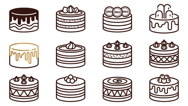 Set of simple line art cakes with various frostings and toppings.