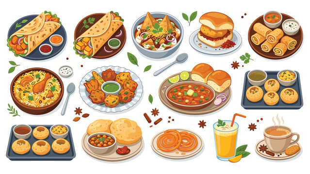 Indian street food assortment with samosa biryani pani puri pav bhaji and masala tea cups.