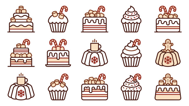 Set of christmas desserts with candy canes and marshmallows vector illustration.