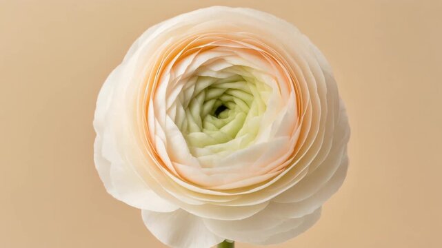 Closeup of a delicate pale peach ranunculus flower with layered petals.