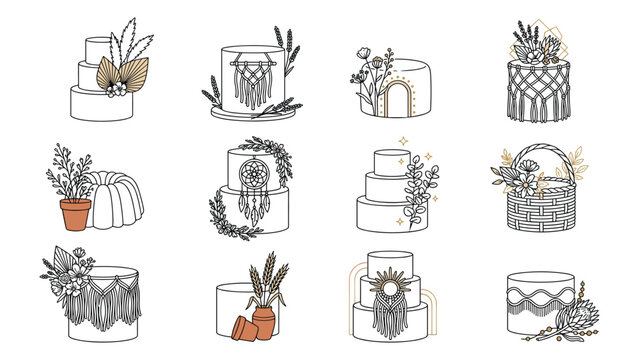 Set of bohemian style cakes with floral and macrame decorations vector illustration.