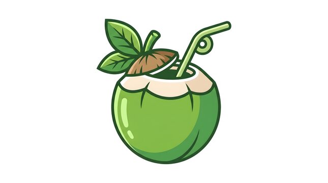 Vector illustration of a fresh green coconut drink cut open with a straw and mint leaves isolated on a white background