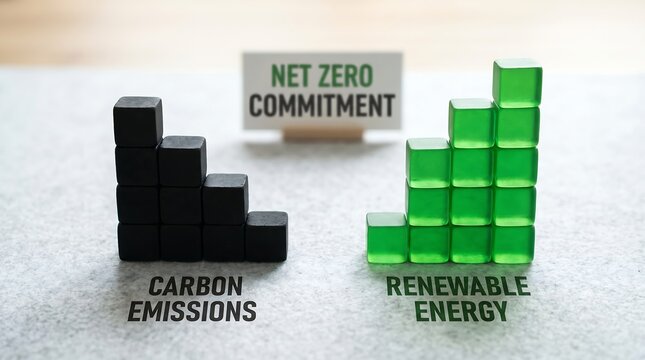 Black and green blocks arranged in bar charts representing carbon emissions versus renewable energy growth for net zero commitment goals