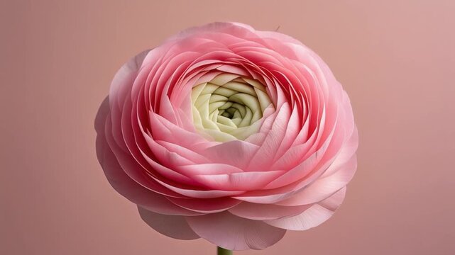 Closeup of a delicate pink ranunculus flower blooming.