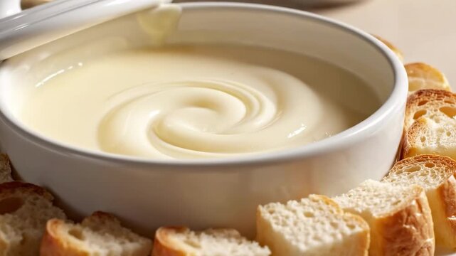 Silky melted fondue in a white ceramic bowl with toasted bread cubes surrounding a creamy glossy swirl, styled as a warm elegant appetizer scene for a cozy cheese day celebration table at home