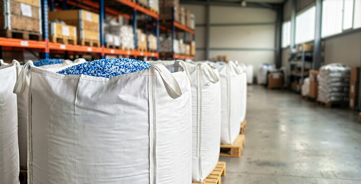White woven bulk bags filled with blue and white plastic pellets. Industrial warehouse storage of recycled polymer raw material. Logistics and manufacturing concept