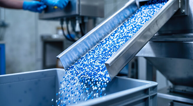 Blue and white recycled plastic pellets falling from a steel chute into a bin. Industrial processing machine in a manufacturing facility with a worker in the background