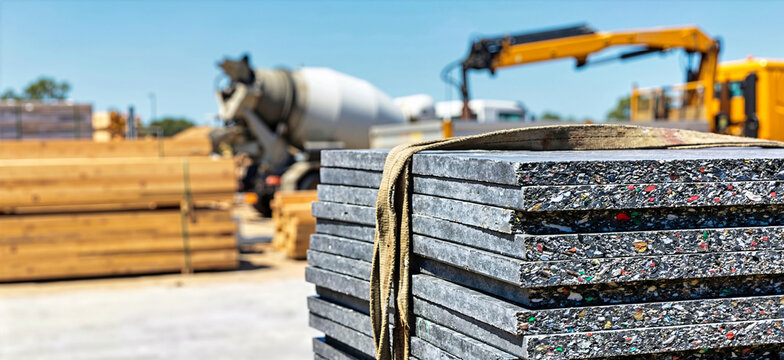 Stack of gray recycled plastic panels with speckled cross sections. Sustainable construction materials at a building site with blurred concrete mixer in background