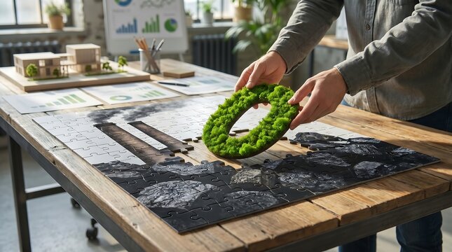 Professional architect places a vibrant green moss circle piece into a puzzle depicting industrial smoke stacks on a wooden table