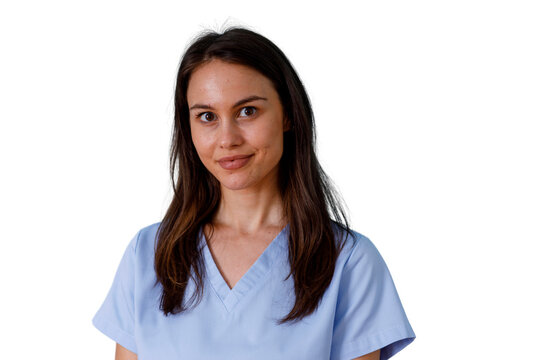 Young female medical professional smiling, looking at camera, representing healthcare, compassion, and wellness with transparent background
