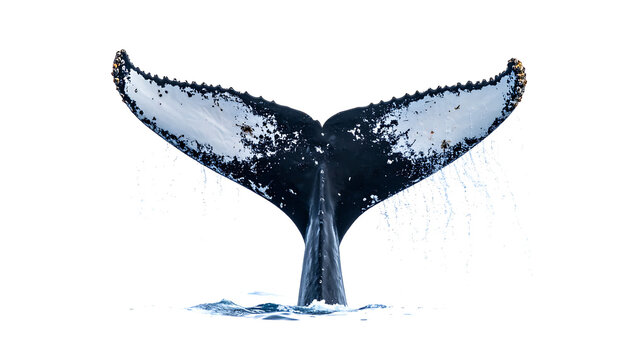 Isolated humpback whale tail fluke diving into blue water, dynamic splash and spray, clear white background