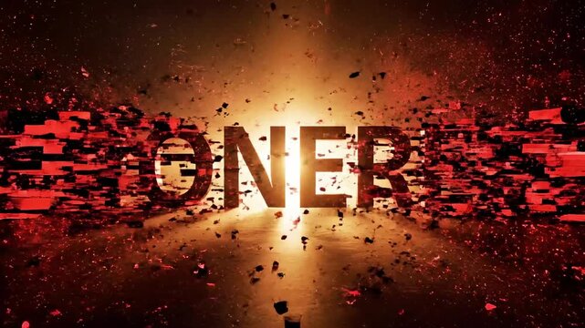 A dramatic design with bold, shattered-text effect in red and orange hues