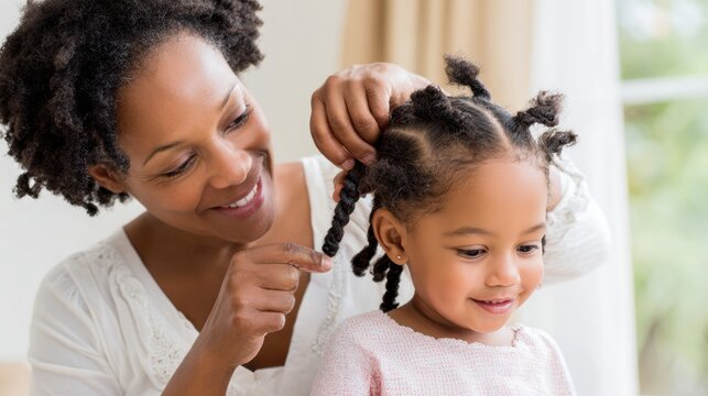 Mother styling her daughter&rsquo;s natural hair at home. Hair care across cultures concept featuring protective hairstyles, family traditions, healthy hair routines and everyday beauty rituals