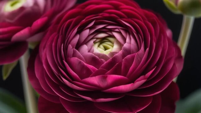 Closeup of a deep red ranunculus flower with many petals.