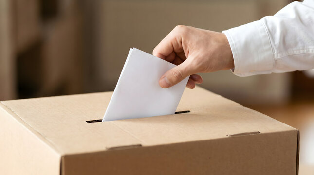hand putting ballot paper into cardboard voting box
