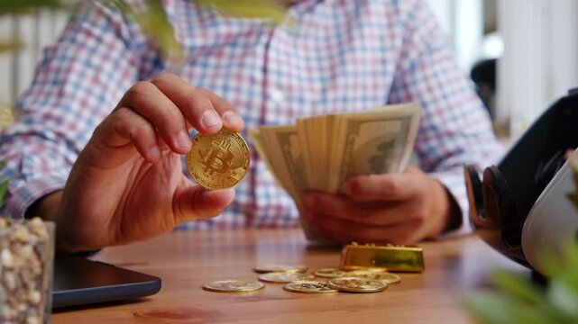 Hands delicately hold a shiny coin while counting stacks of cash in a warm, inviting workspace. The blend of tradition and innovation shines bright and inspiring