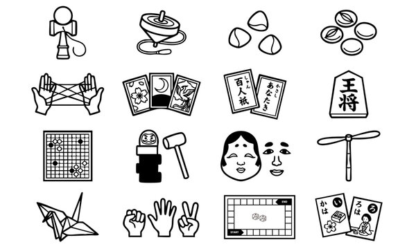 Traditional Japanese toys and games line icon set